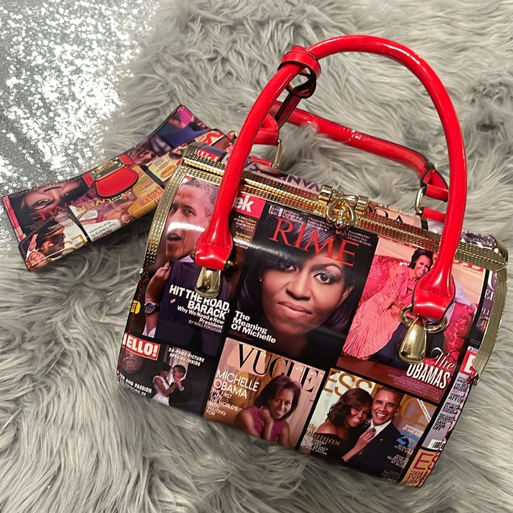 Michelle Obama Magazine Cover Print Dome Satchel Handbag Wallet Wristlet SET